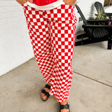 Checkered Print Barrel Pants - Red/White
