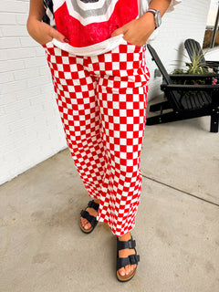 Checkered Print Barrel Pants - Red/White - Lace and Grace Boutique
