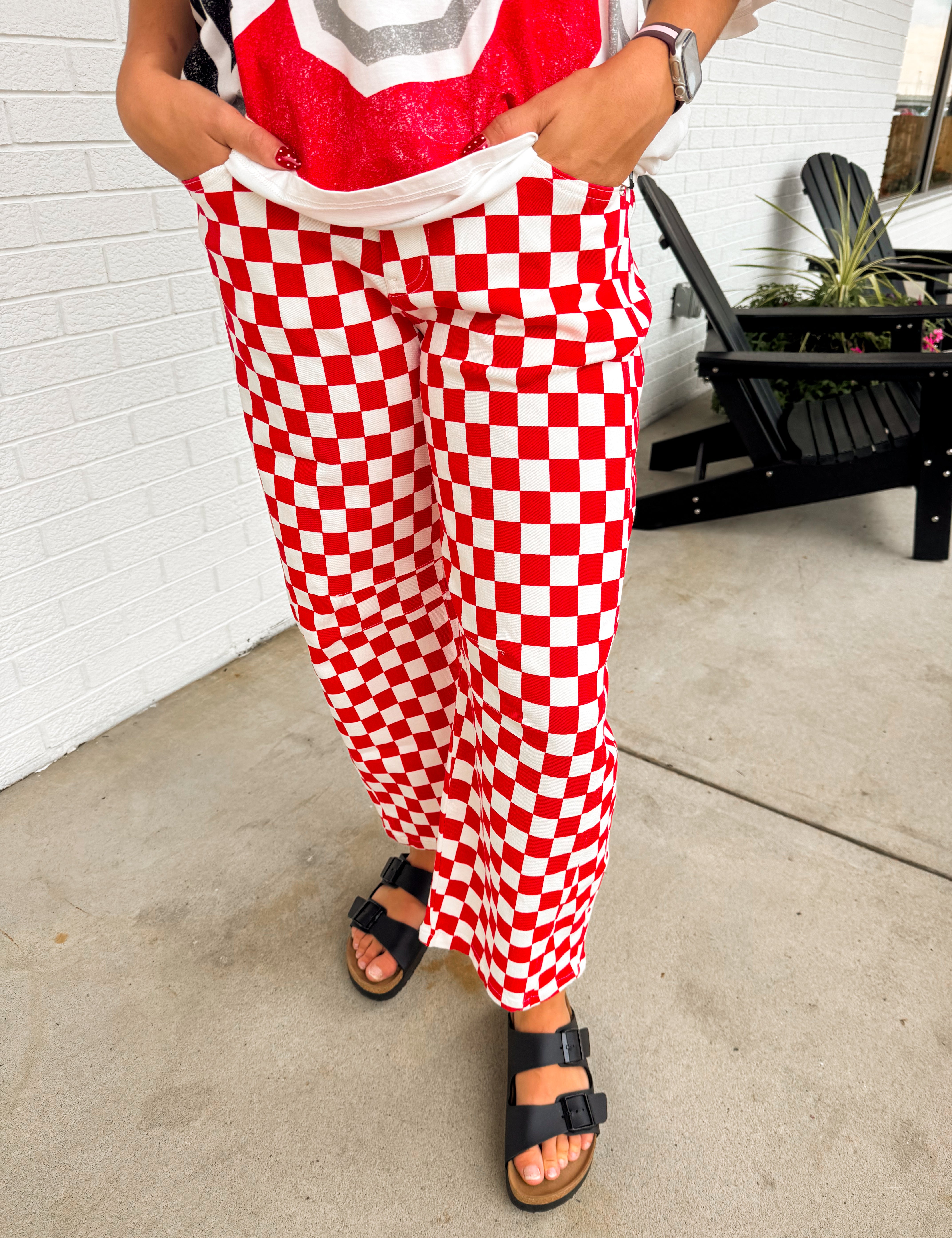 Checkered Print Barrel Pants - Red/White - Lace and Grace Boutique