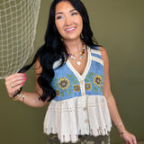 Oli & Hali Sunflower Embroidery Washed Denim Vest - Lace and Grace Boutique