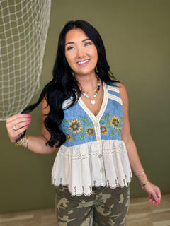 Oli & Hali Sunflower Embroidery Washed Denim Vest - Lace and Grace Boutique