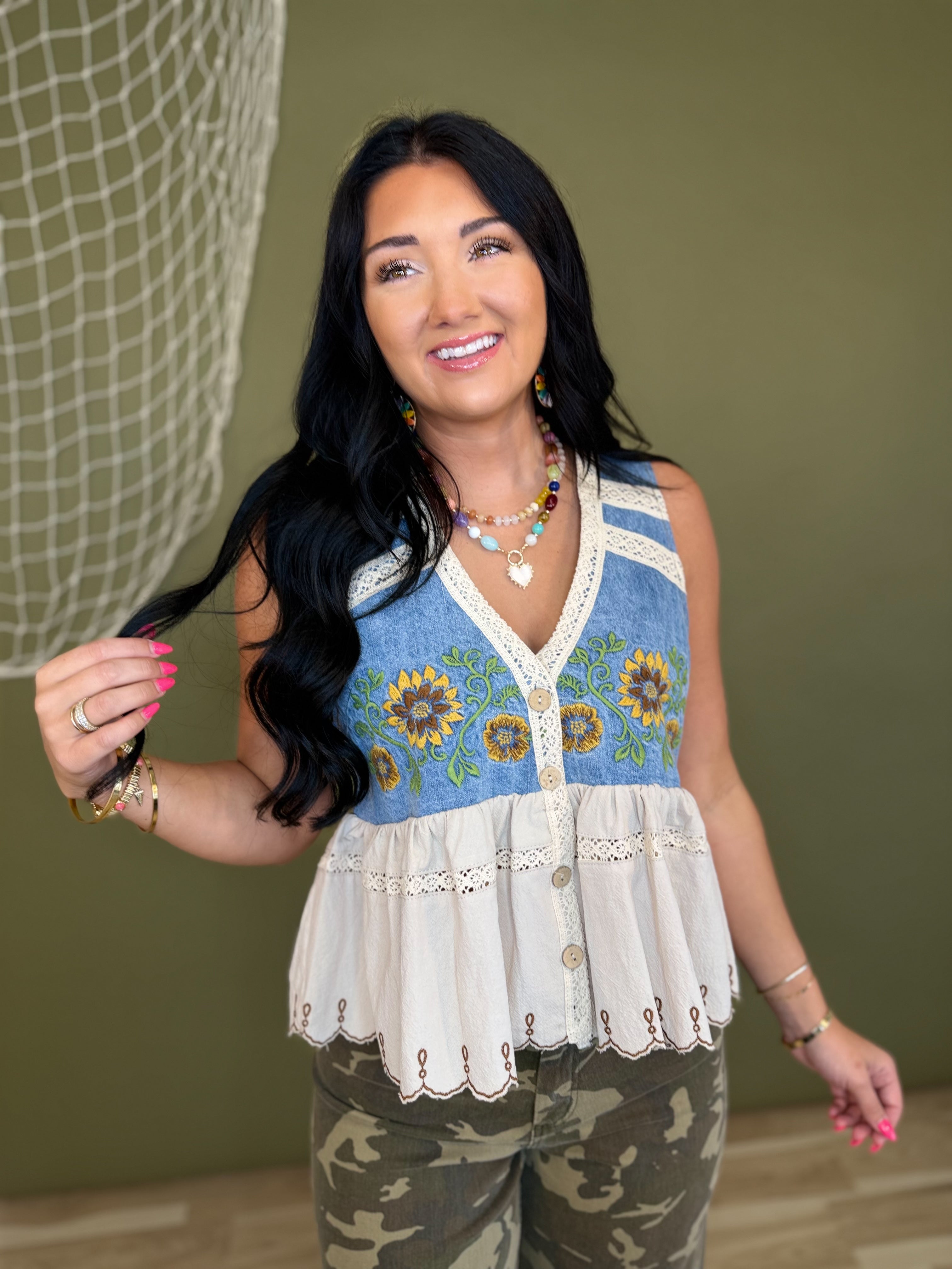 Oli & Hali Sunflower Embroidery Washed Denim Vest - Lace and Grace Boutique