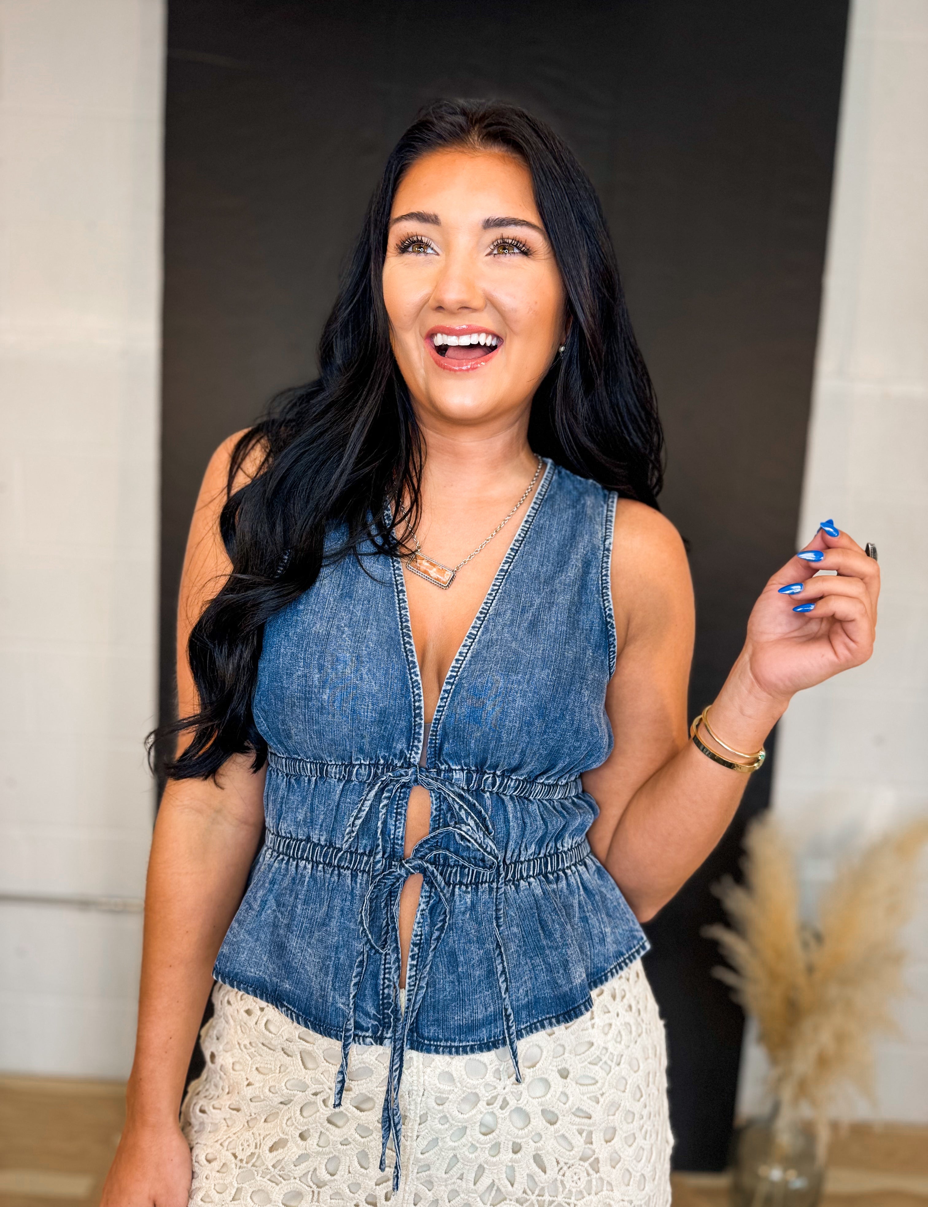 Denim Tie Front Vest - Blue - Lace and Grace Boutique