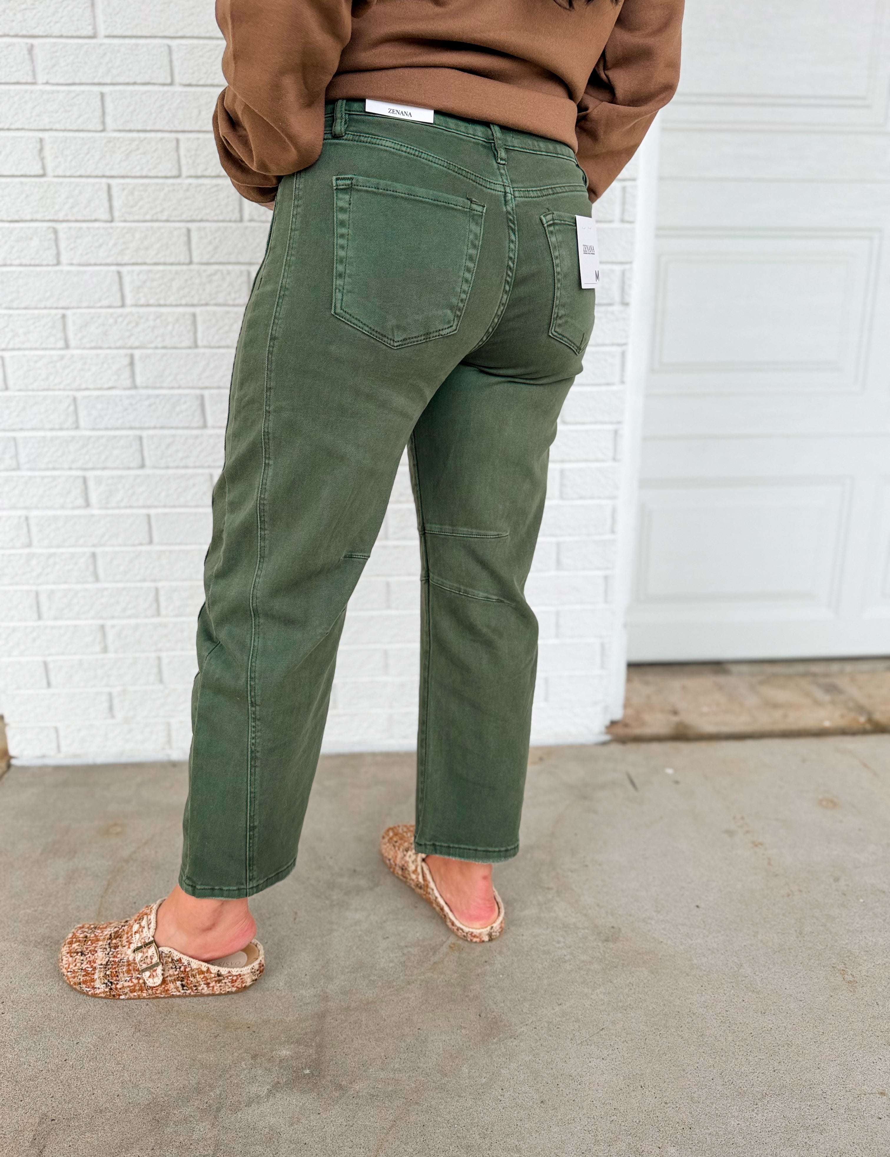 Barrel Leg Low Rise Crop Denim Pants - Dark Olive - Lace and Grace Boutique