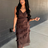 Cascading Ruffle Polka Dot Midi Dress - Chocolate