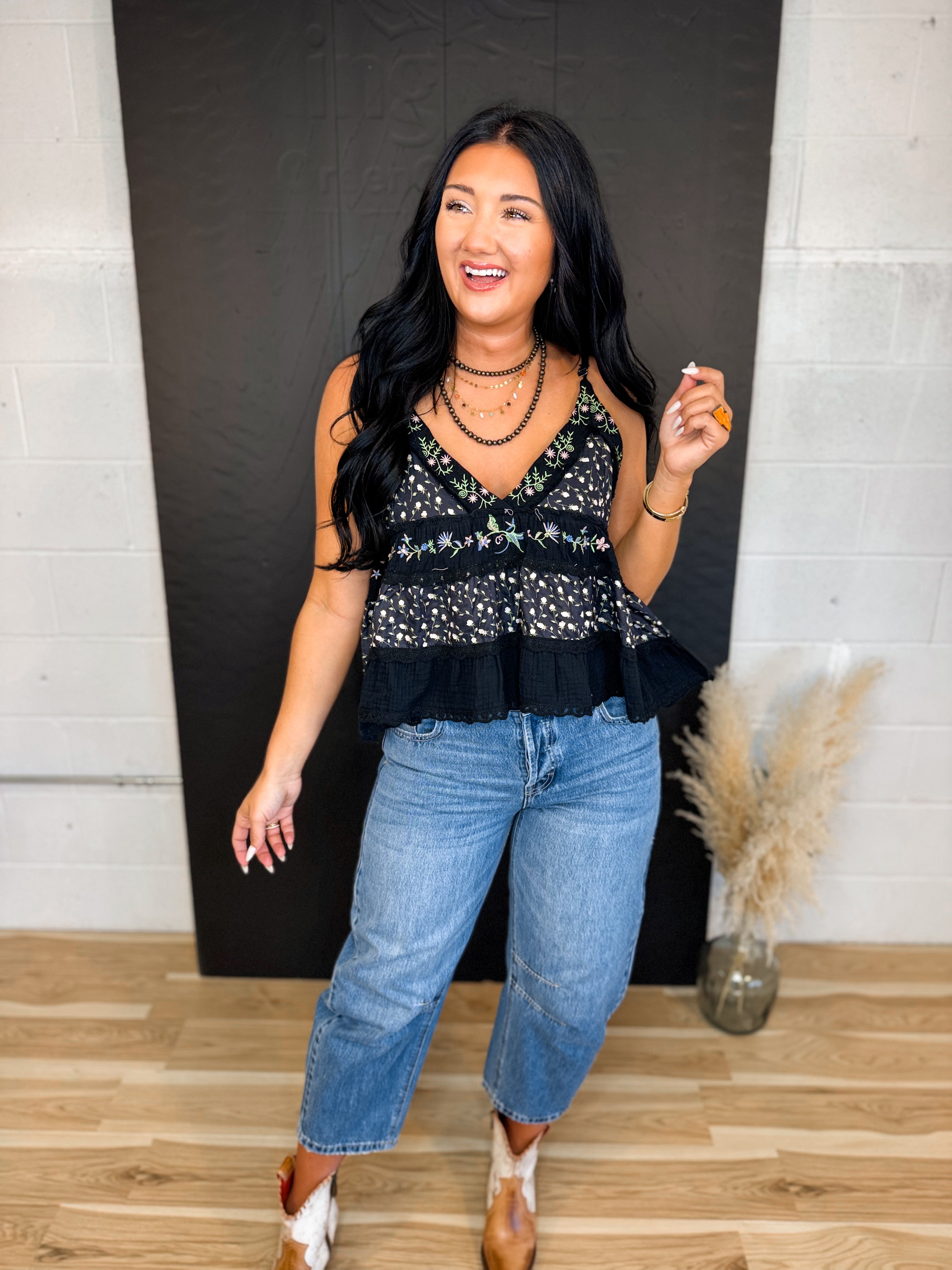 POL Floral Embroidered Flared Tank Top - Black - Lace and Grace Boutique
