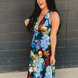 Floral Satin Halter Neck Midi Dress - Blue Multi