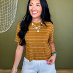 Striped Cotton Linen Short Sleeve Top - Camel/White - Lace and Grace Boutique