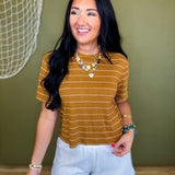 Striped Cotton Linen Short Sleeve Top - Camel/White - Lace and Grace Boutique