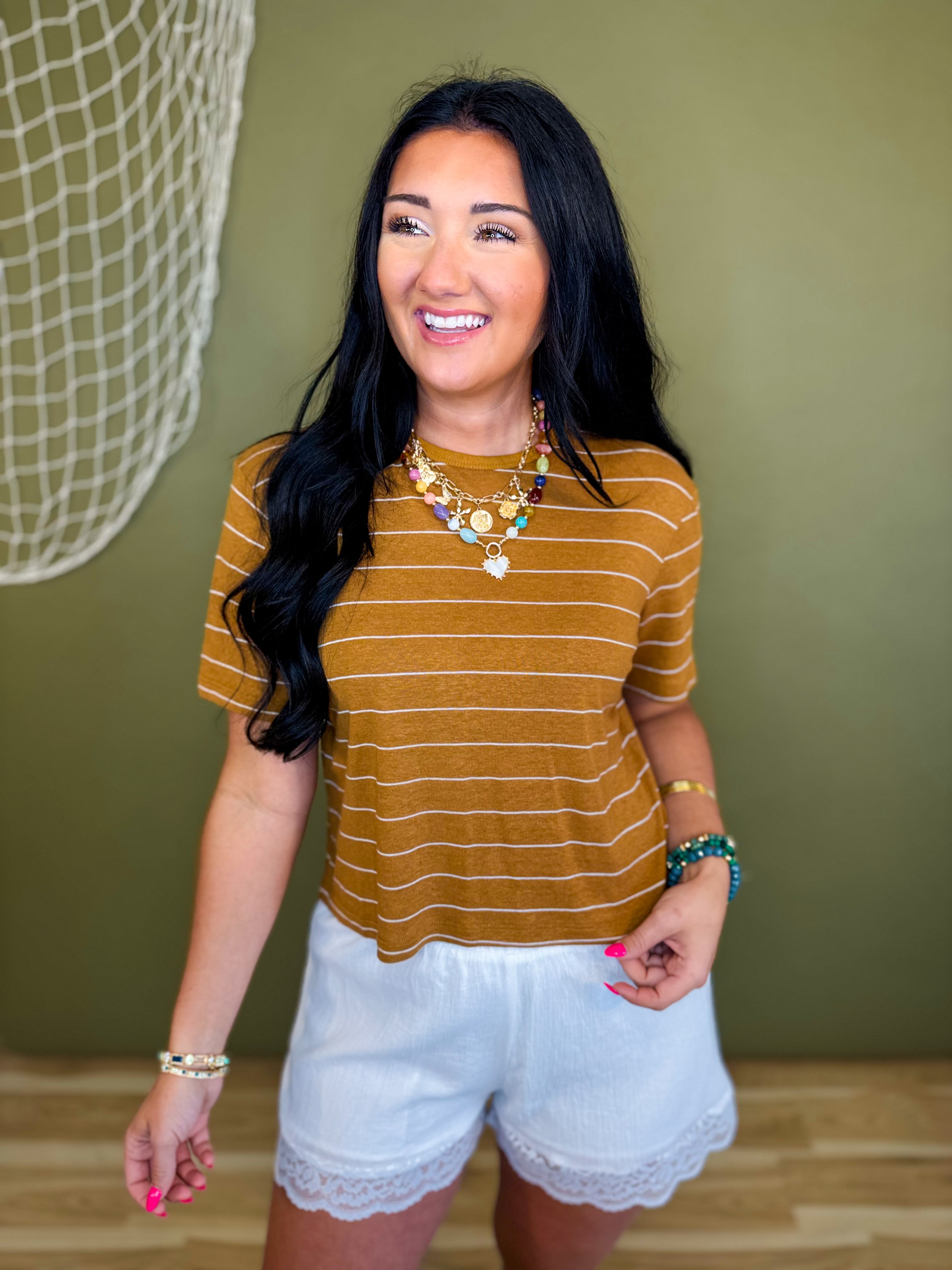 Striped Cotton Linen Short Sleeve Top - Camel/White - Lace and Grace Boutique
