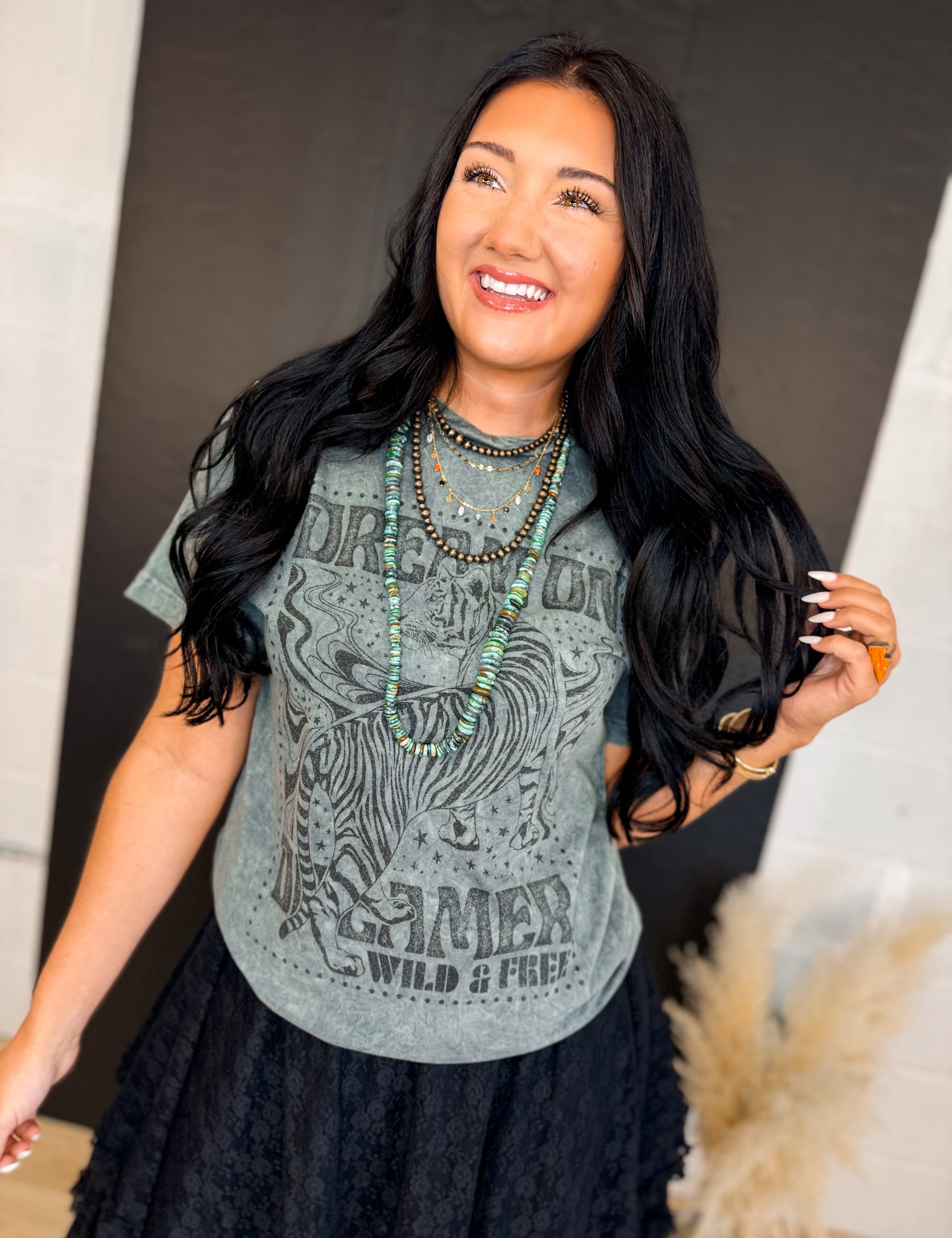 Dream On Dreamer Mineral Wash Graphic Tee - Stone Gray - Lace and Grace Boutique