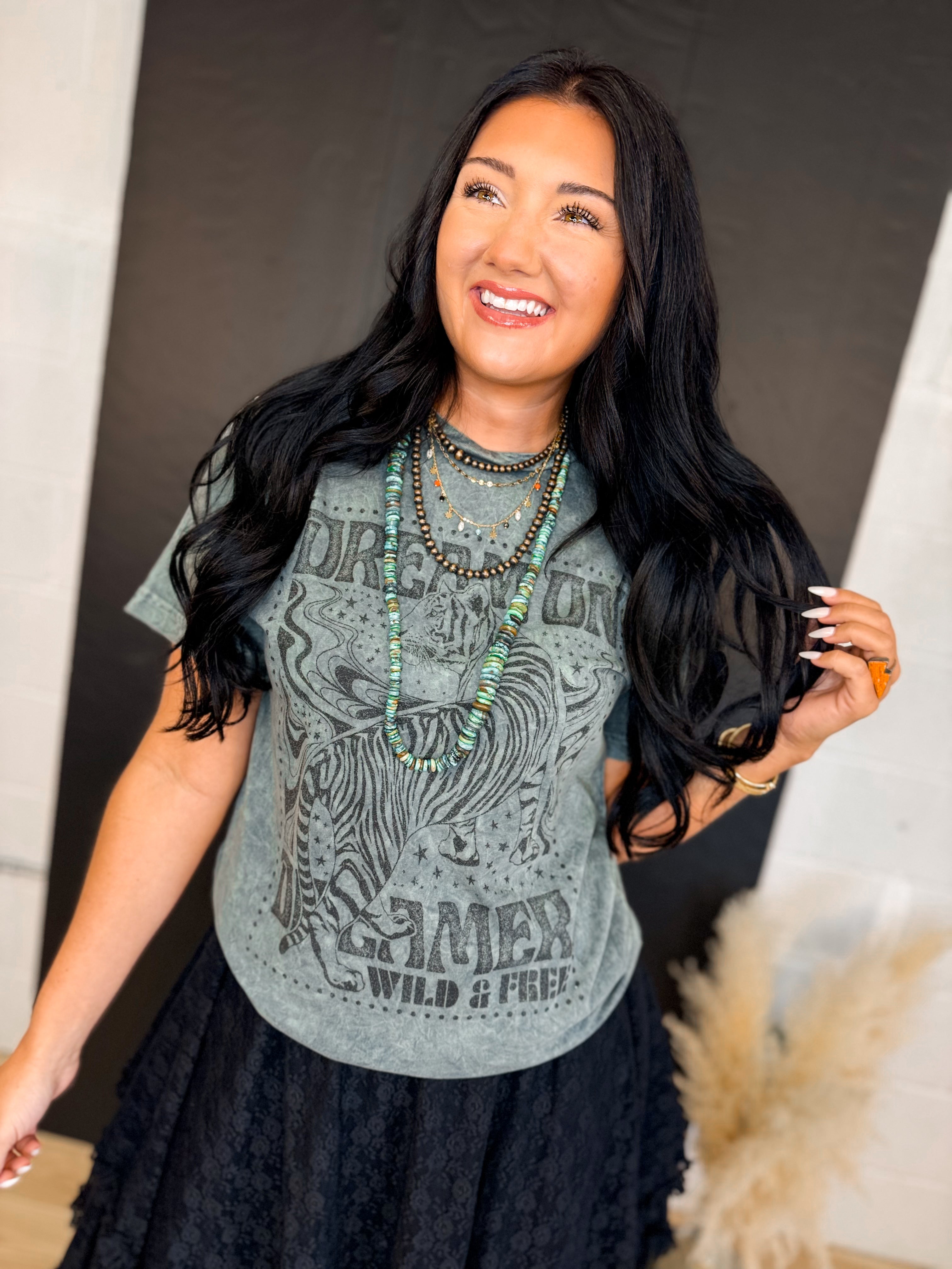 Dream On Dreamer Mineral Wash Graphic Tee - Stone Gray - Lace and Grace Boutique