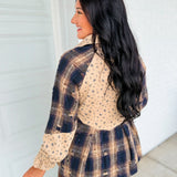 Floral & Plaid Patchwork Button Down Top - Navy Combo