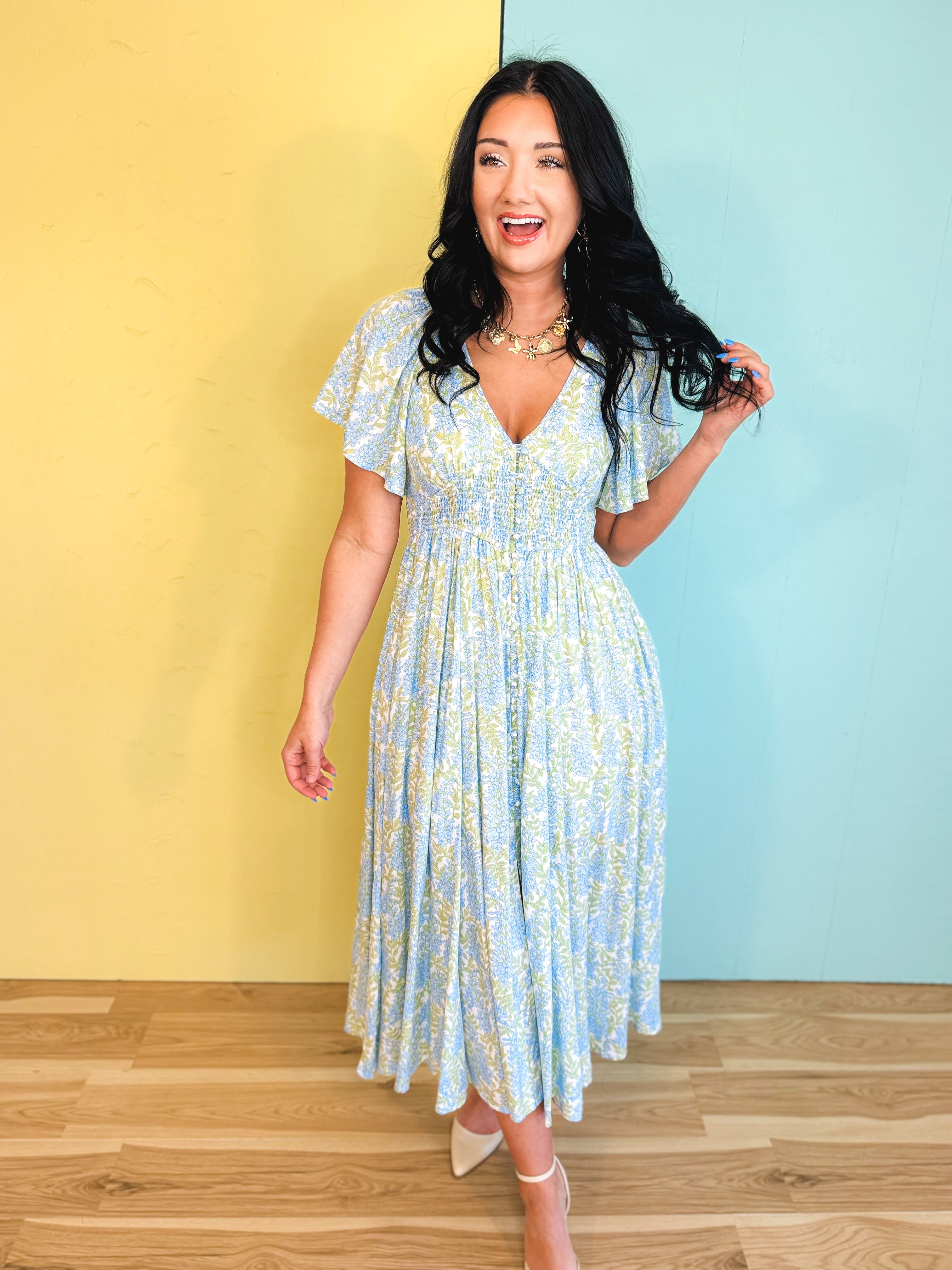 Smocked Waist Button Down Floral Maxi Dress - Cornflower - Lace and Grace Boutique