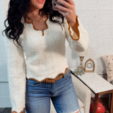 Scalloped Edge V-Neck Sweater - Ivory