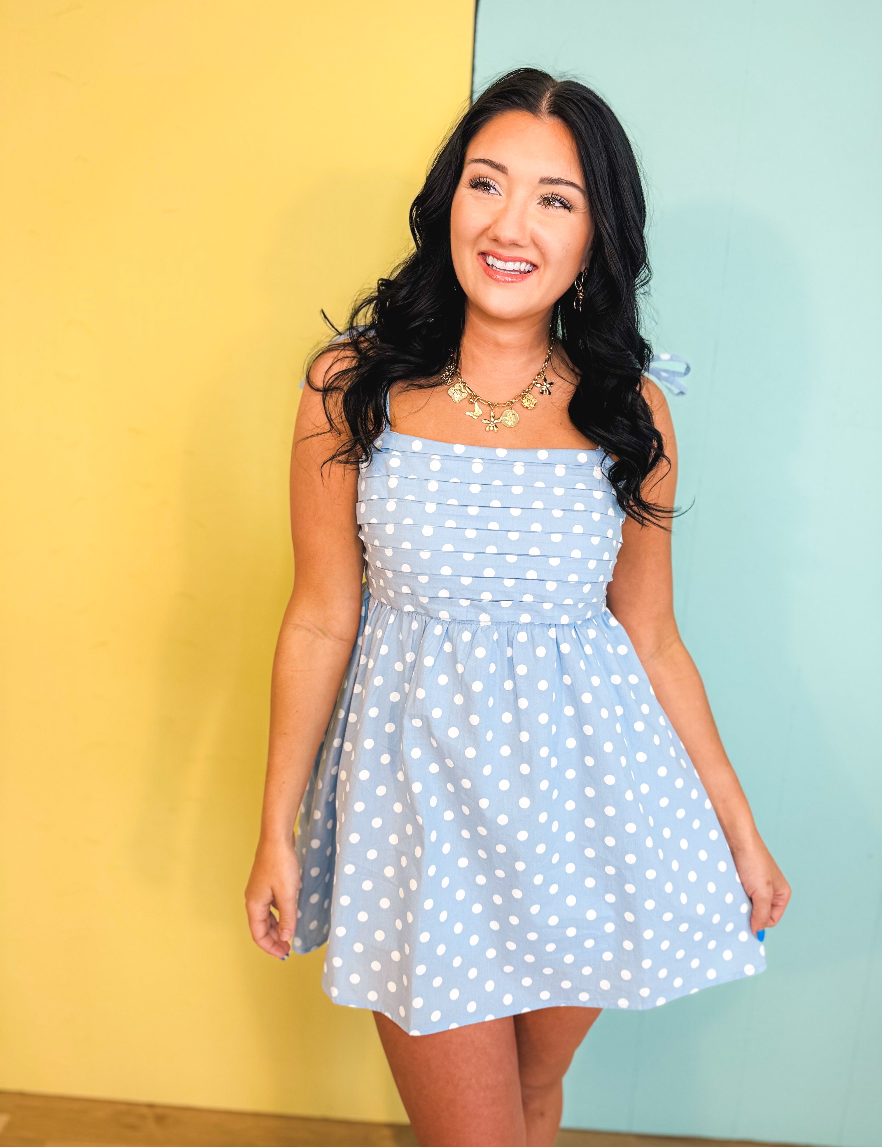 Polka Dot Pleated Mini Dress - Sky/White - Lace and Grace Boutique