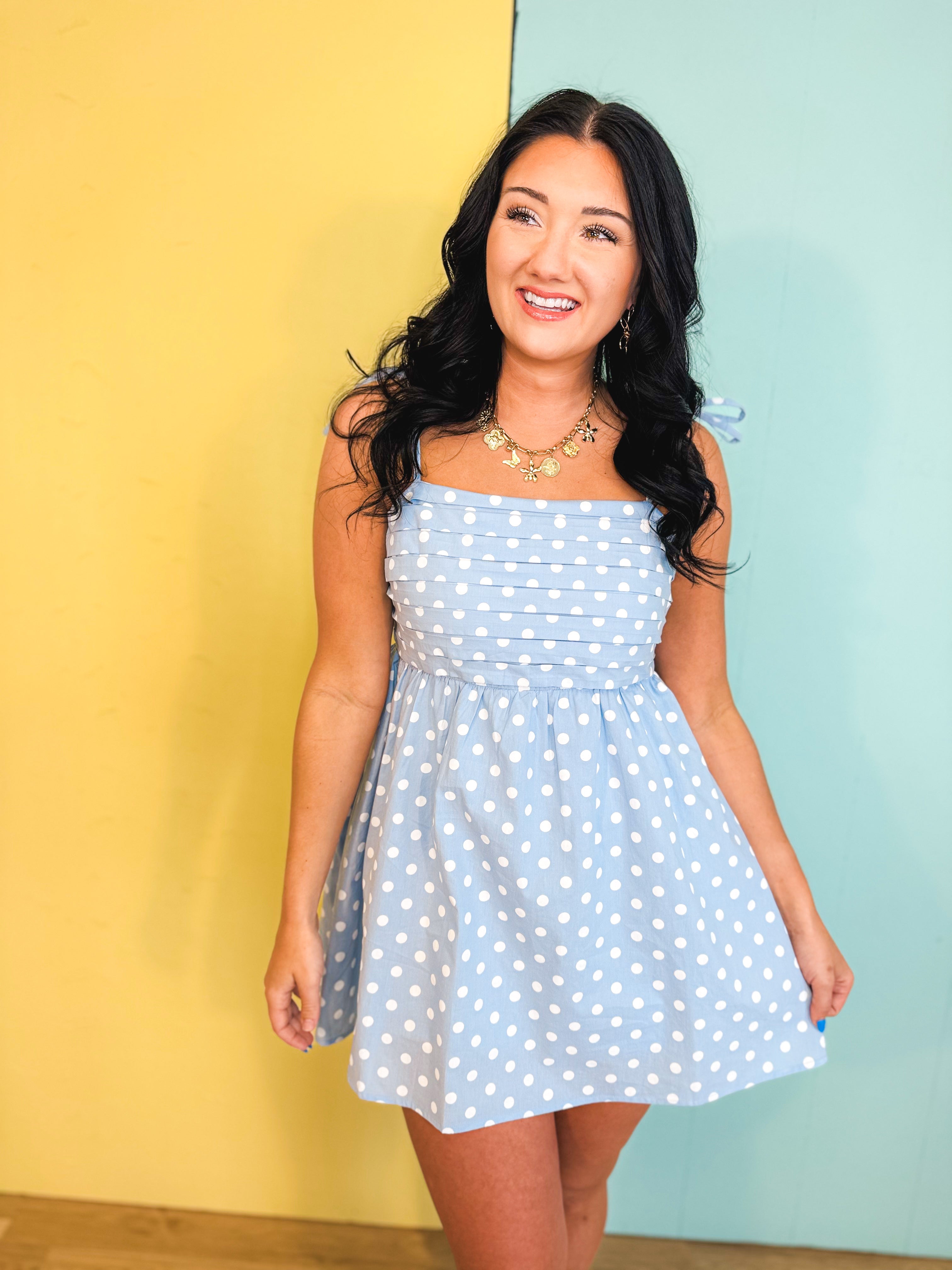 Polka Dot Pleated Mini Dress - Sky/White - Lace and Grace Boutique