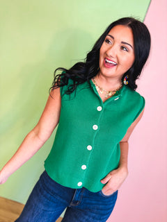 Rolled Hem Sweater Button Up Vest - Green - Lace and Grace Boutique