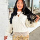 Cable Knit Lace Trim Detail Crewneck Sweater - Cream