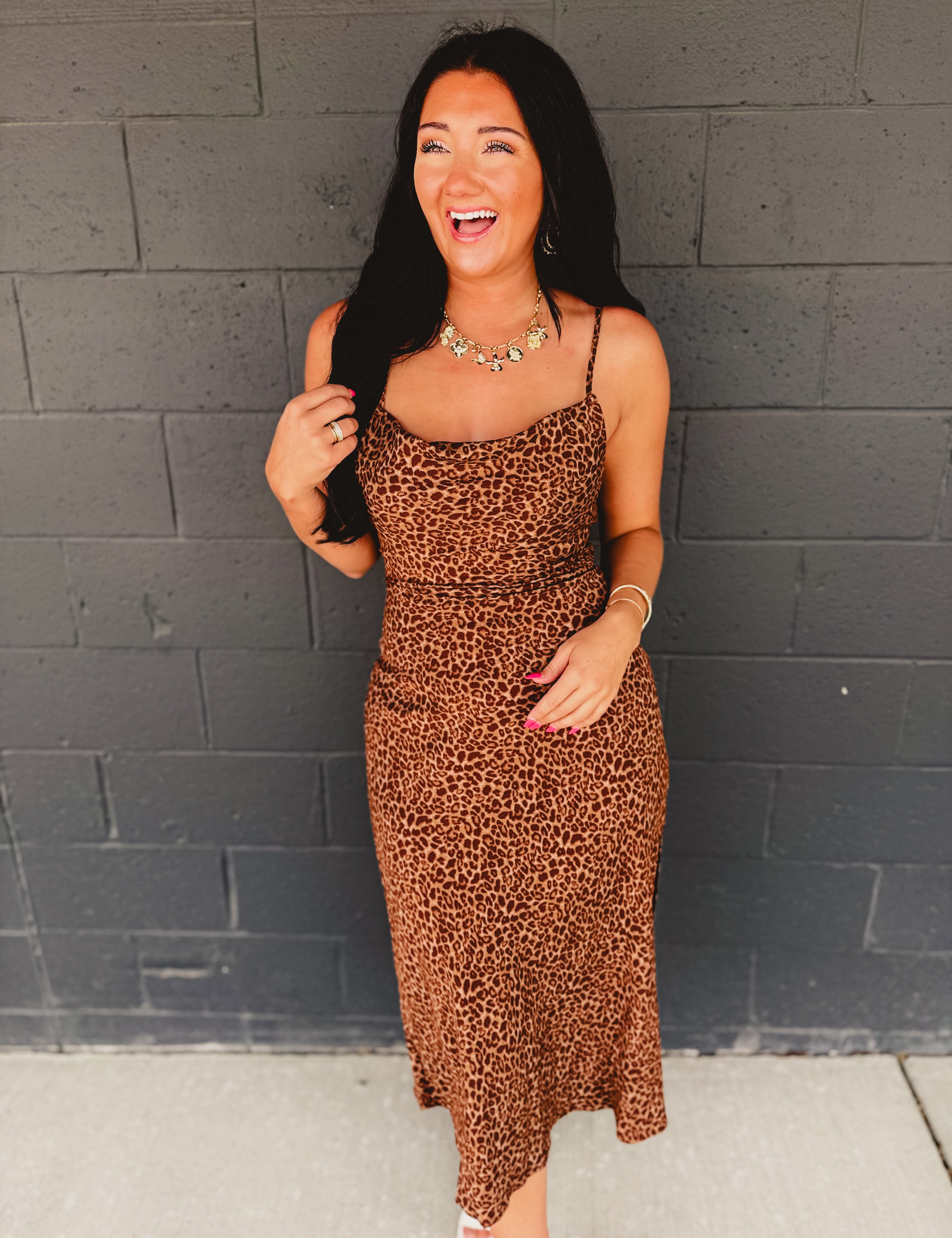 Leopard Print Criss Cross Maxi Dress - Mocha Mousse - Lace and Grace Boutique