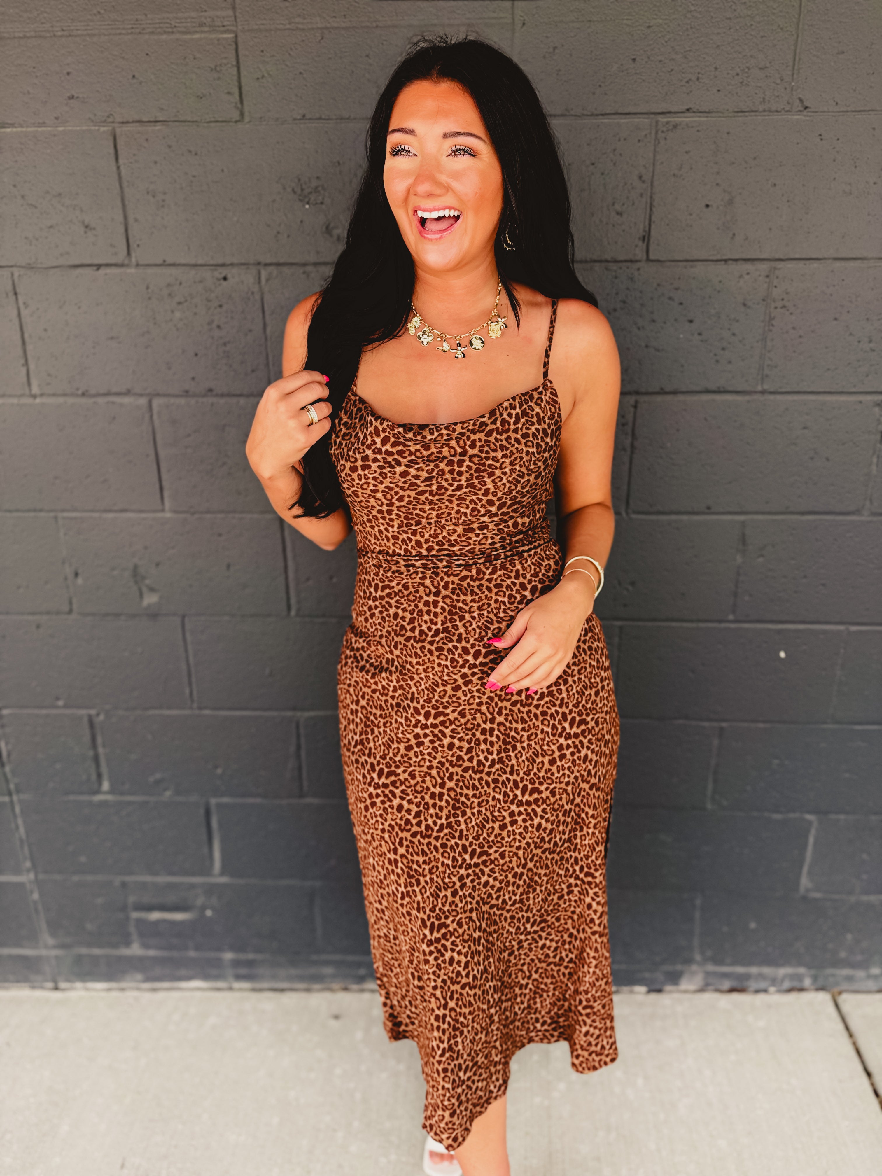 Leopard Print Criss Cross Maxi Dress - Mocha Mousse - Lace and Grace Boutique