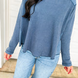 Oversized Waffle Knit Thermal Long Sleeve Top - Denim - Lace and Grace Boutique