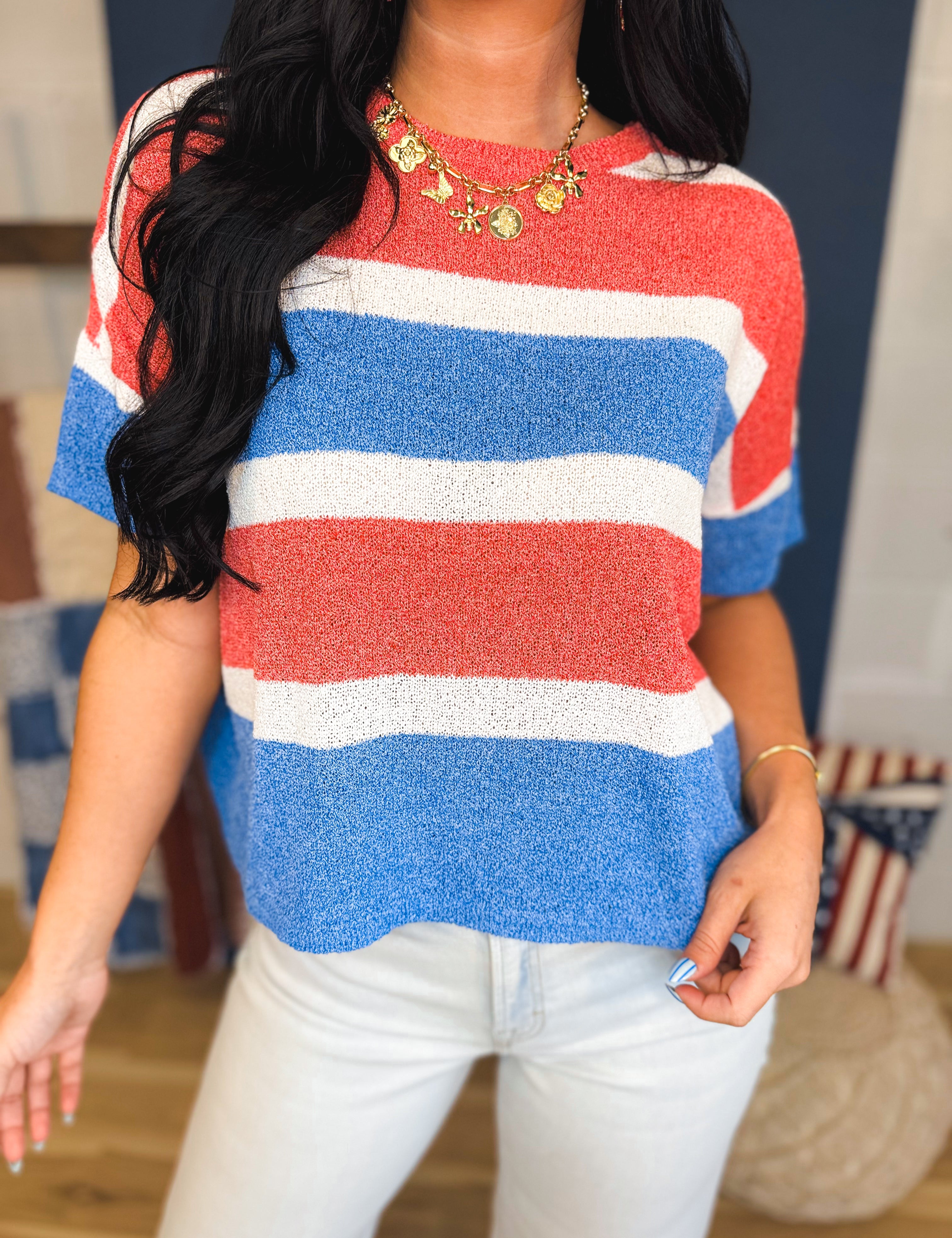 Striped Color Block Crop Blouse - Red/White/Blue - Lace and Grace Boutique