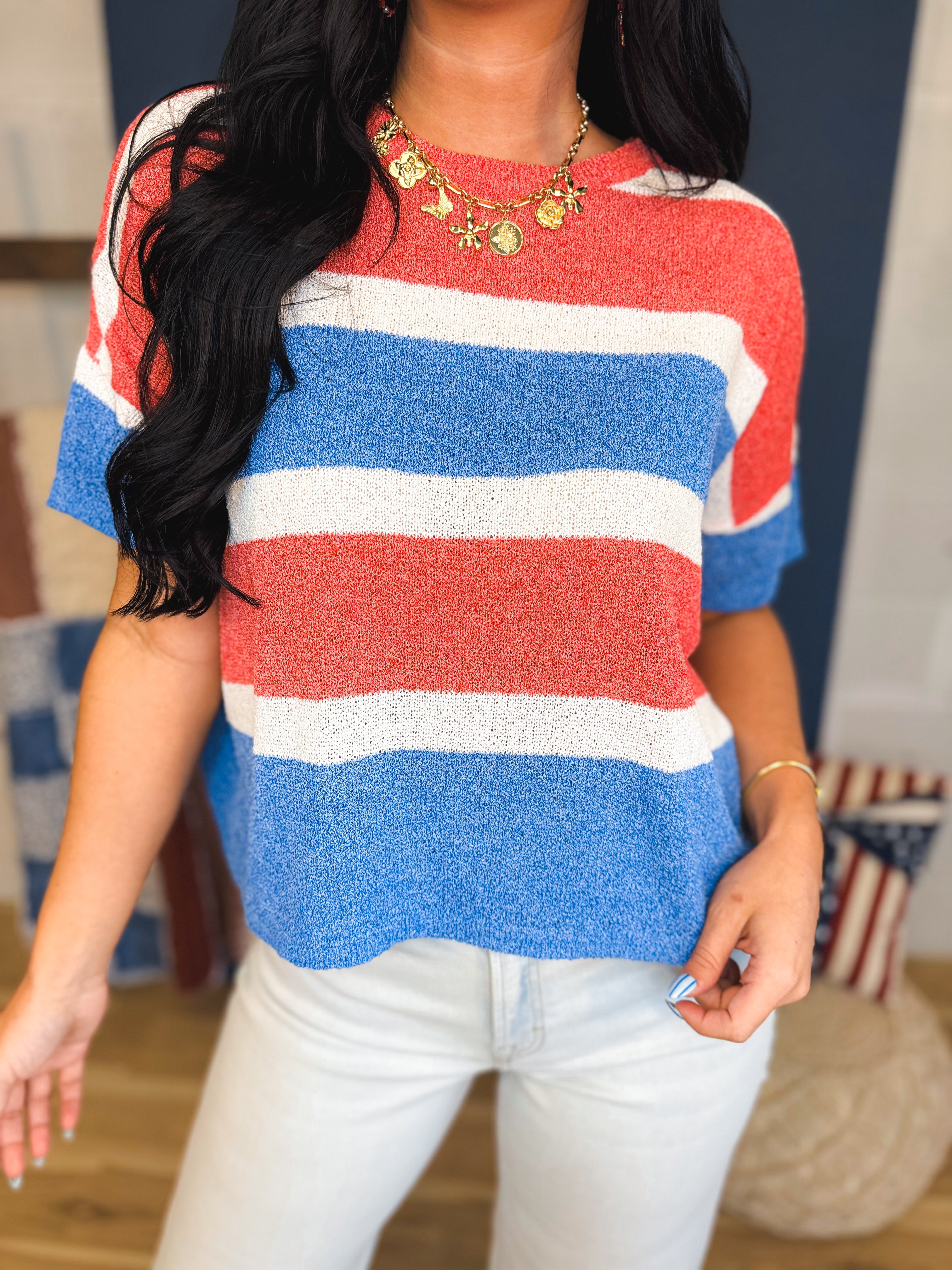Striped Color Block Crop Blouse - Red/White/Blue - Lace and Grace Boutique