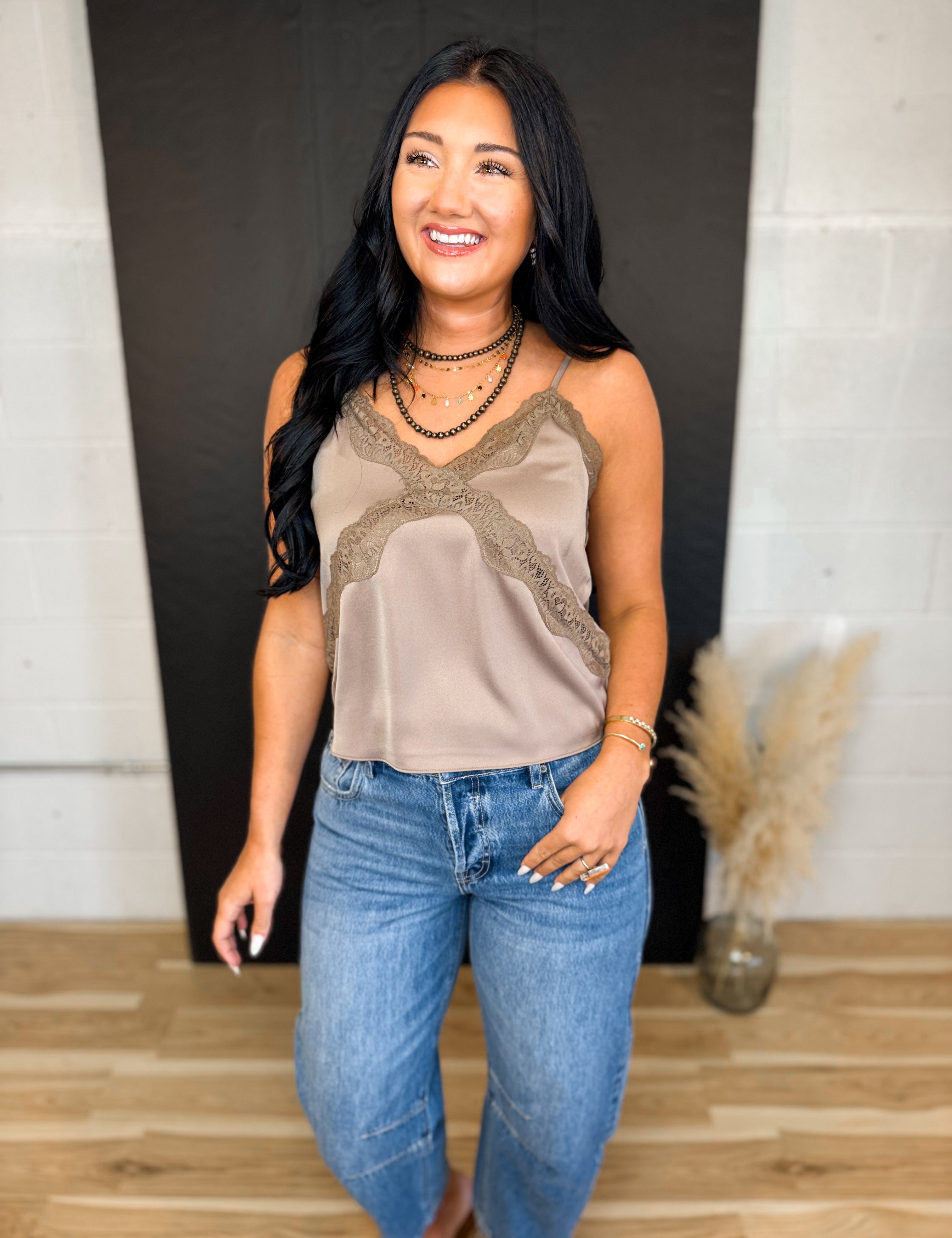 Satin Lace Trim Camisole Tank Top - Mushroom - Lace and Grace Boutique