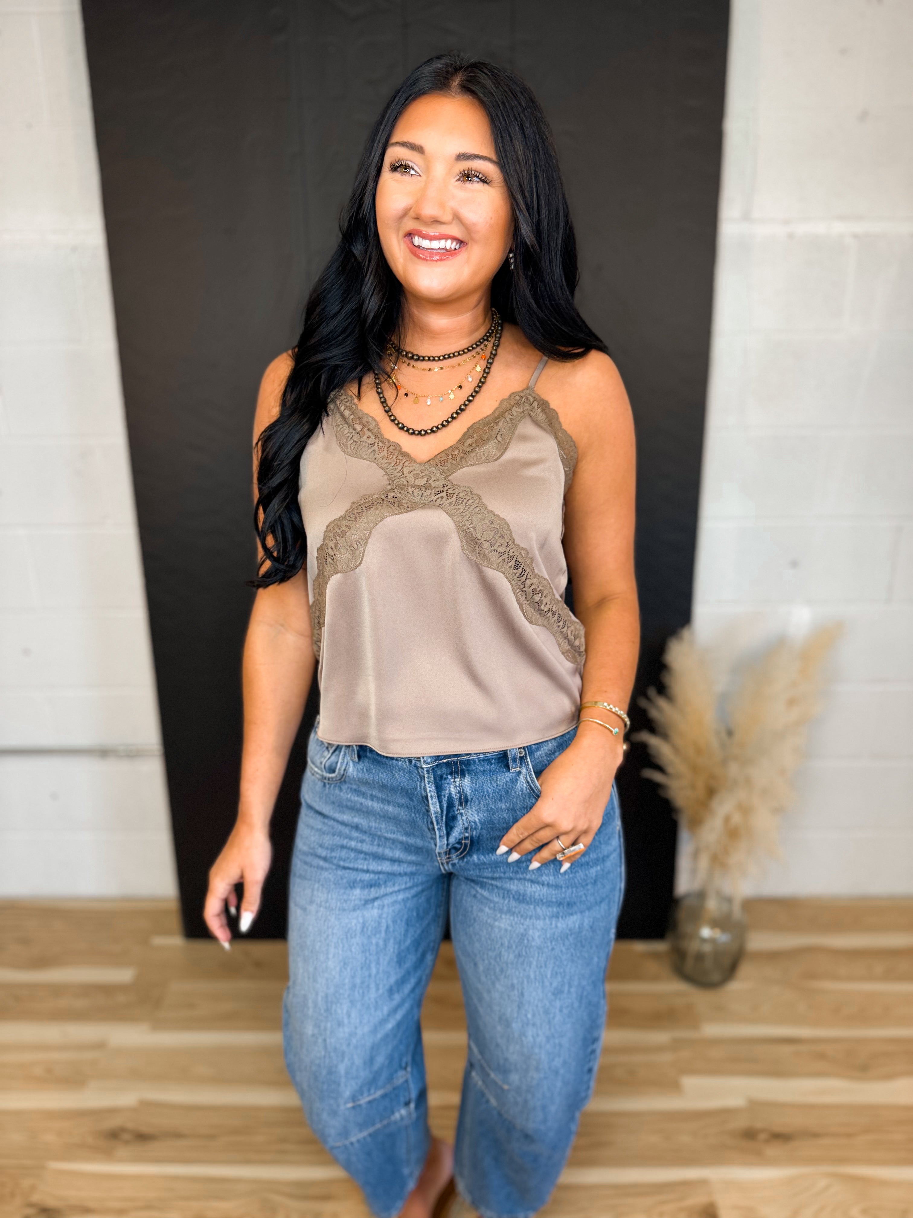 Satin Lace Trim Camisole Tank Top - Mushroom - Lace and Grace Boutique