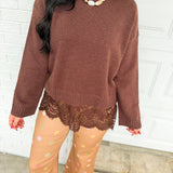 Scalloped Lace Hem Knit Crewneck Sweater - Chocolate