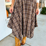 Plaid Printed Jagged Hem Midi Skirt - Brown