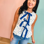 Floral Print Front Bow Balloon Hem Blouse - Ivory/Blue - Lace and Grace Boutique