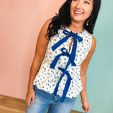 Floral Print Front Bow Balloon Hem Blouse - Ivory/Blue - Lace and Grace Boutique