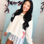 Gingham Bow Side Slit Pullover Top - Off White/Red - Lace and Grace Boutique
