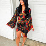 Midnight Floral Satin Wrap Dress - Black