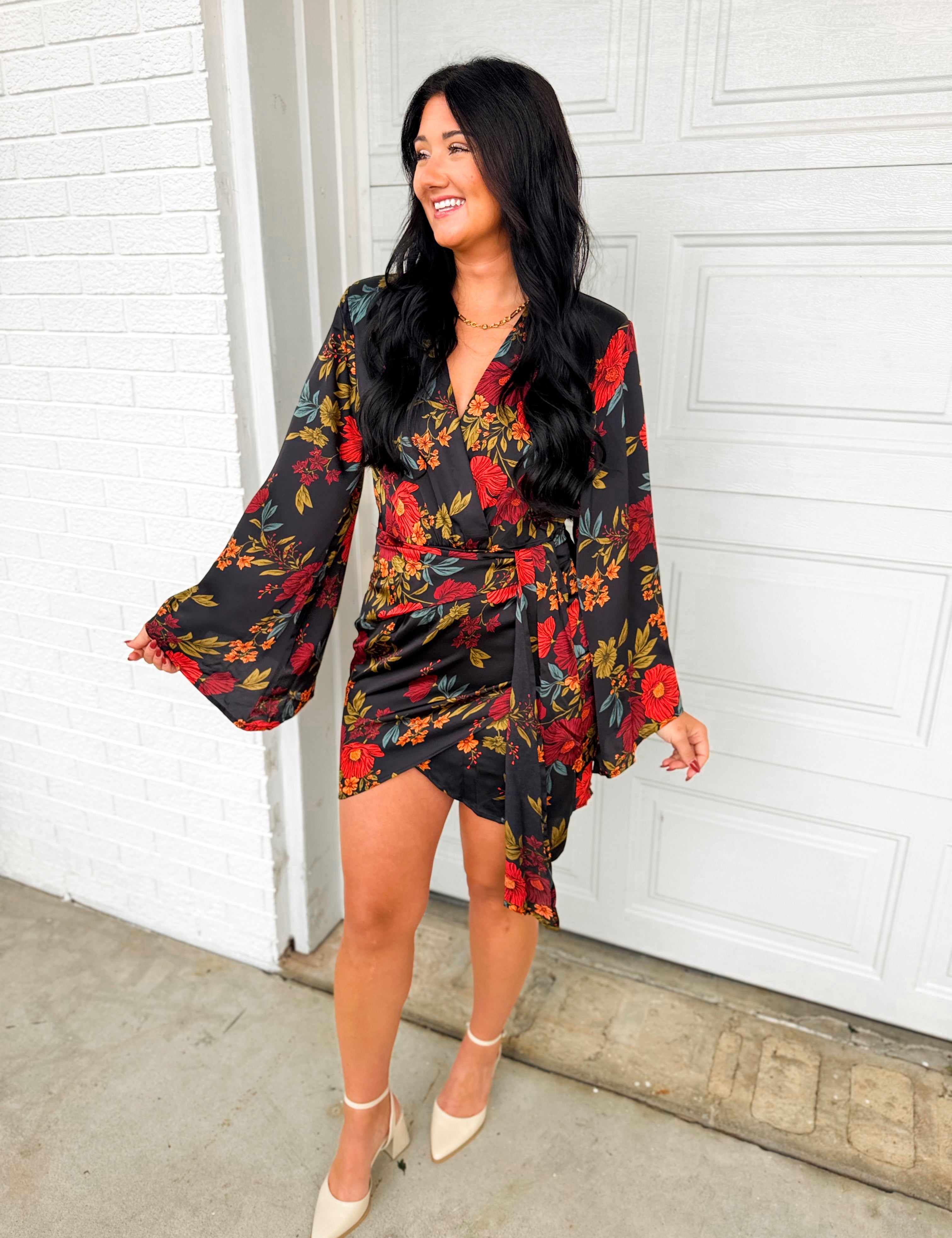 Midnight Floral Satin Wrap Dress - Black - Lace and Grace Boutique