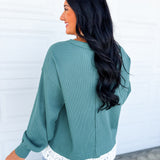 Lace Trim Thermal Knit Top - Dark Teal