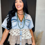 Floral Mix Frill Lace Detail Denim Button Up Top - Lace and Grace Boutique
