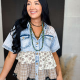 Floral Mix Frill Lace Detail Denim Button Up Top - Lace and Grace Boutique
