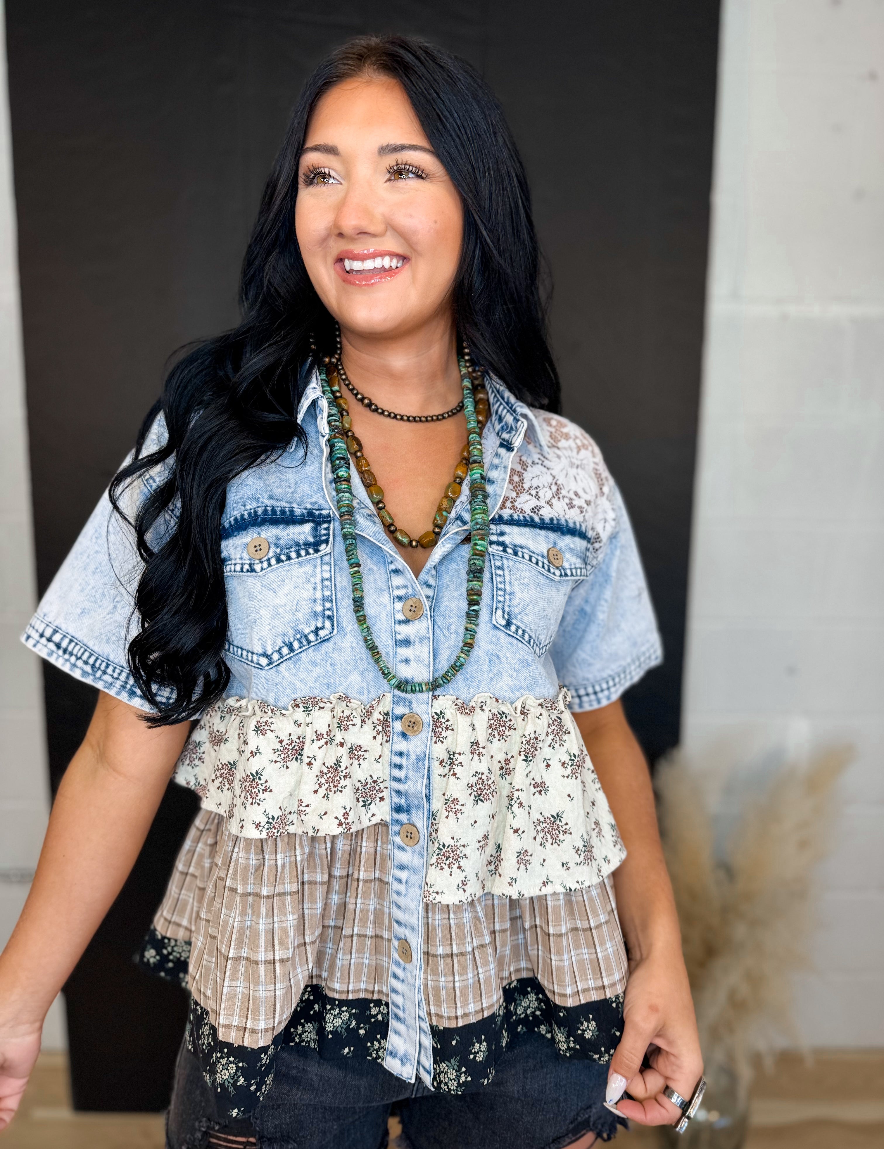 Floral Mix Frill Lace Detail Denim Button Up Top - Lace and Grace Boutique