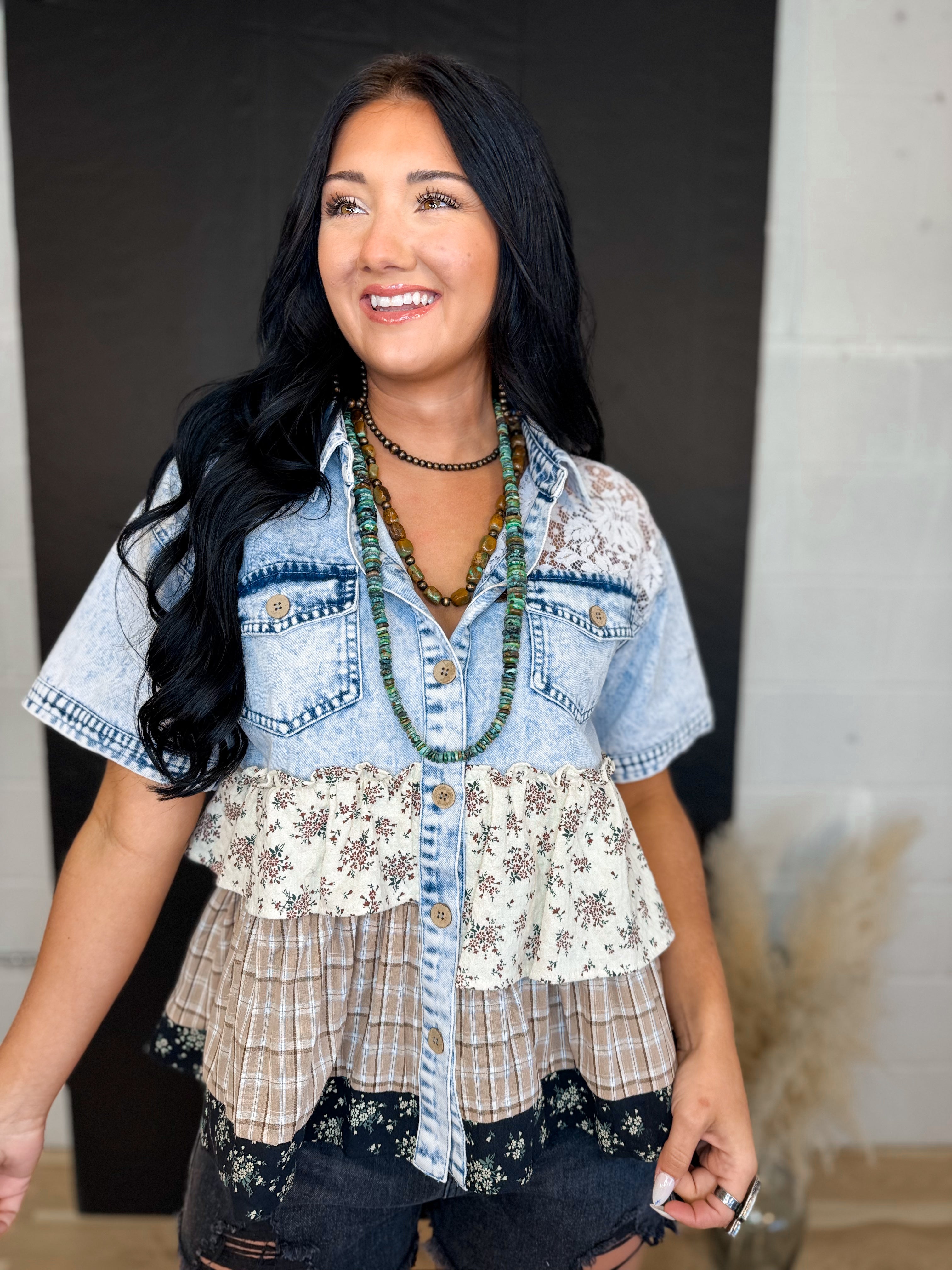 Floral Mix Frill Lace Detail Denim Button Up Top - Lace and Grace Boutique