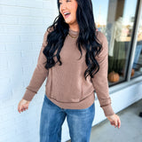 Corded Rib Exposed Seam Pullover Top - Brown - Lace and Grace Boutique