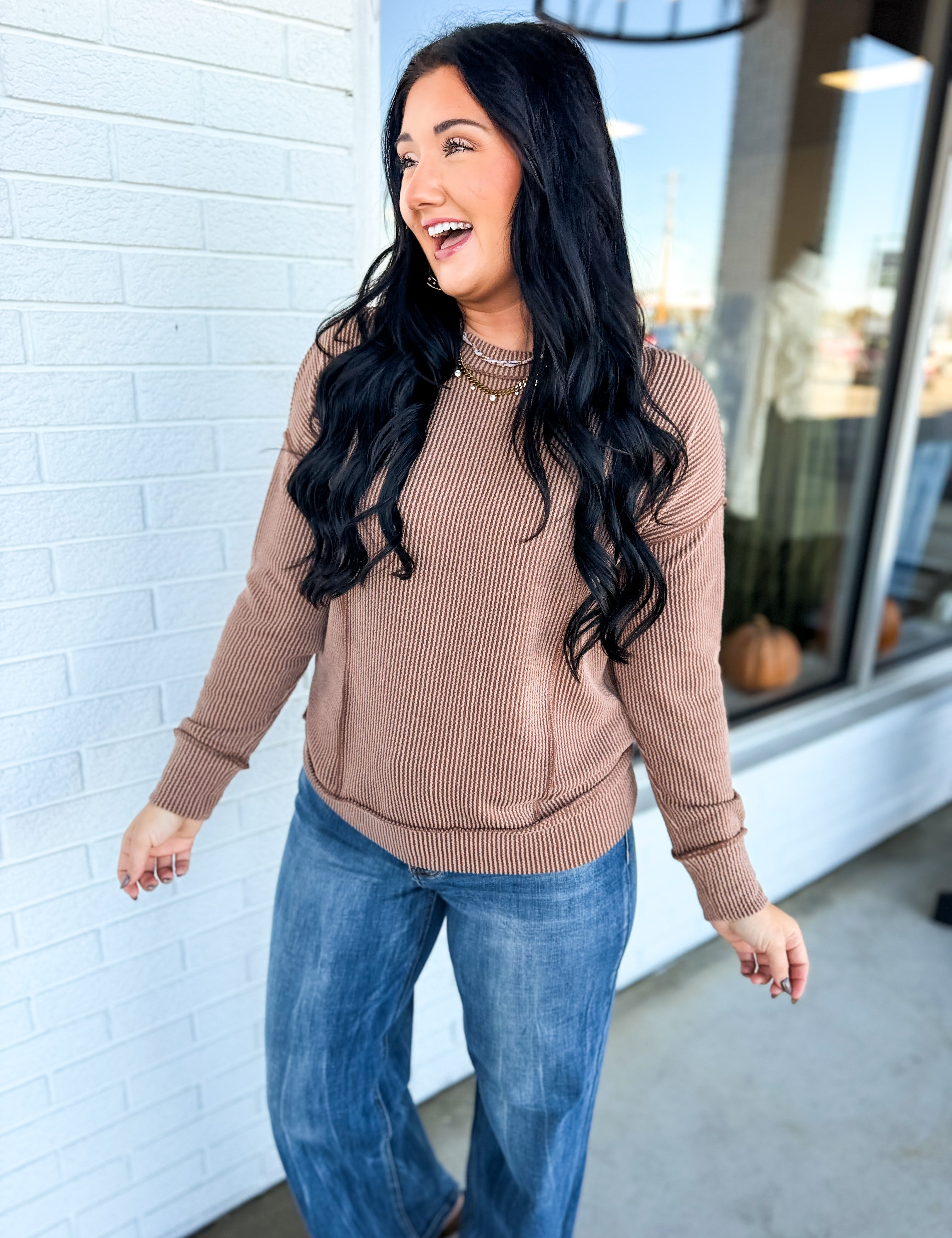 Corded Rib Exposed Seam Pullover Top - Brown - Lace and Grace Boutique