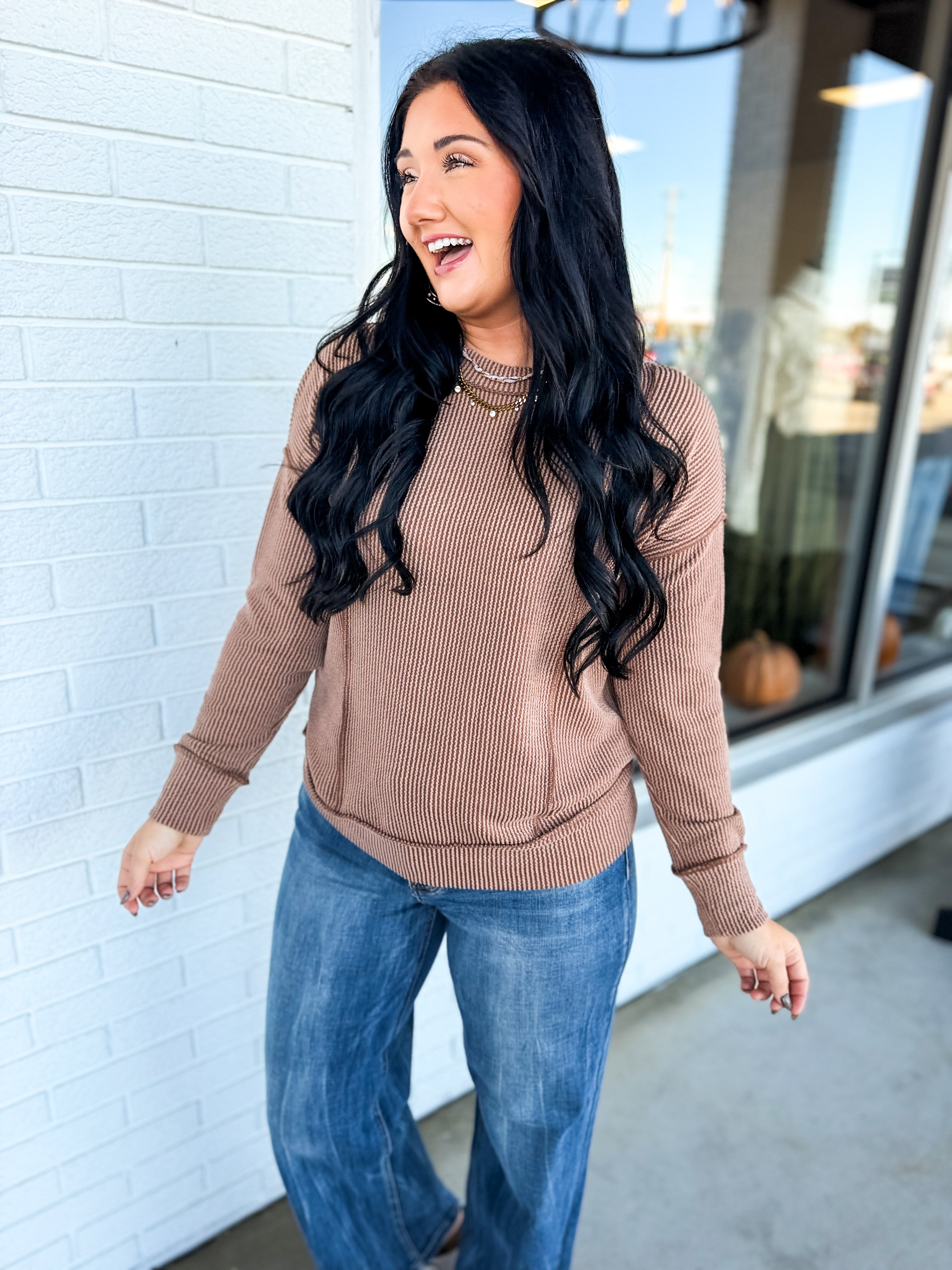 Corded Rib Exposed Seam Pullover Top - Brown - Lace and Grace Boutique