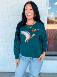 Embroidered Duck Pullover Top - Heritage Green - Lace and Grace Boutique
