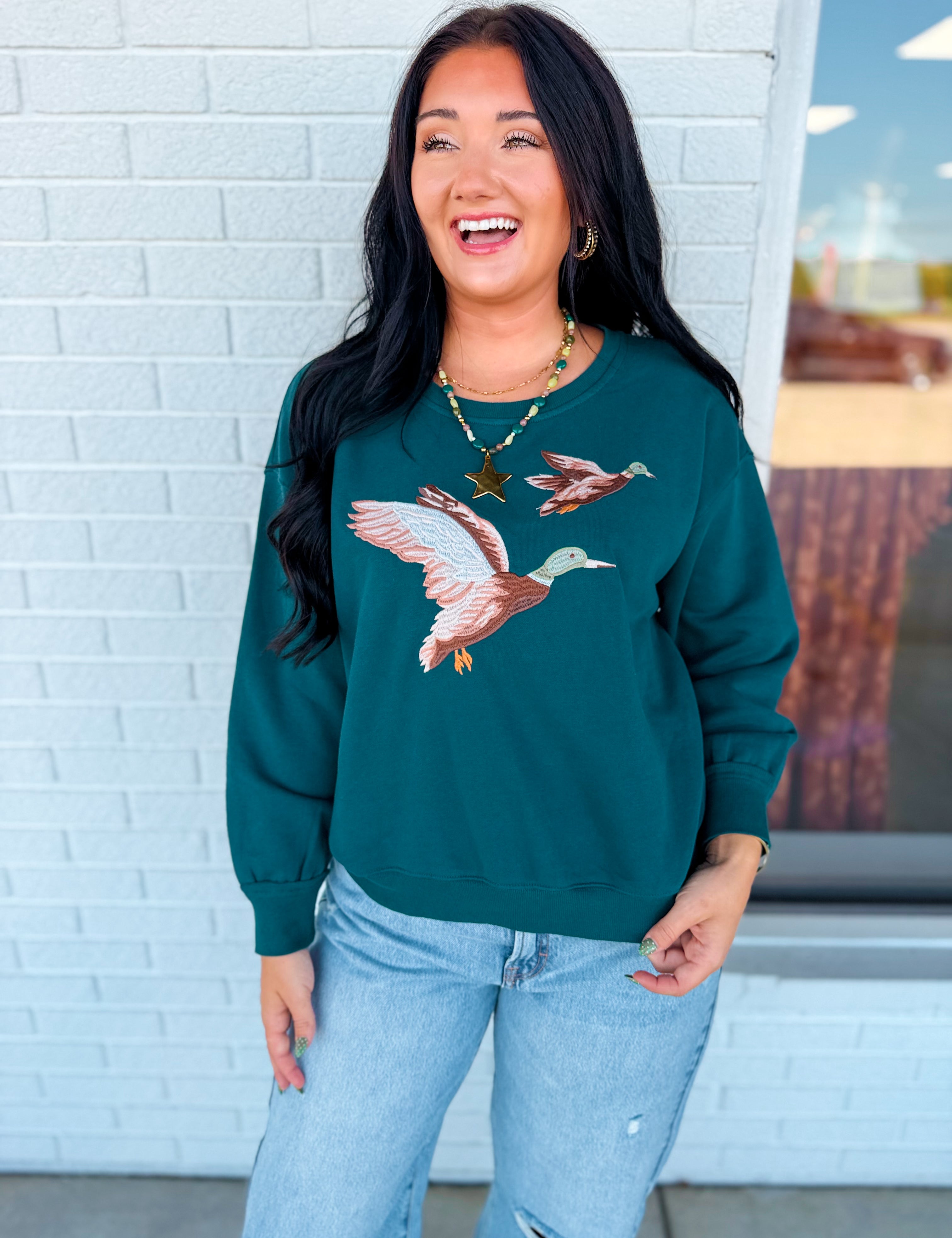 Embroidered Duck Pullover Top - Heritage Green - Lace and Grace Boutique