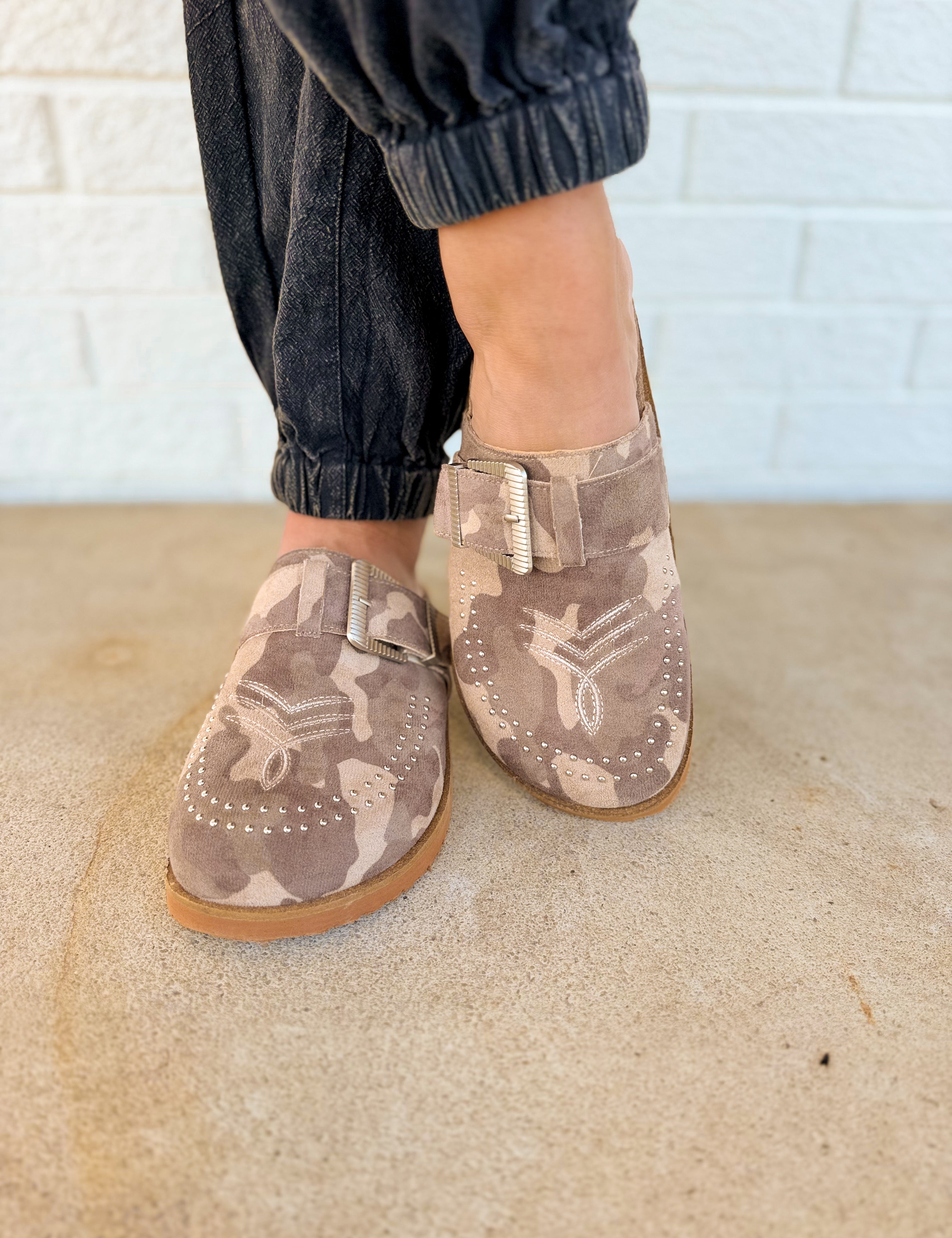 Josephine Suede Studded Clog - Camo - Lace and Grace Boutique