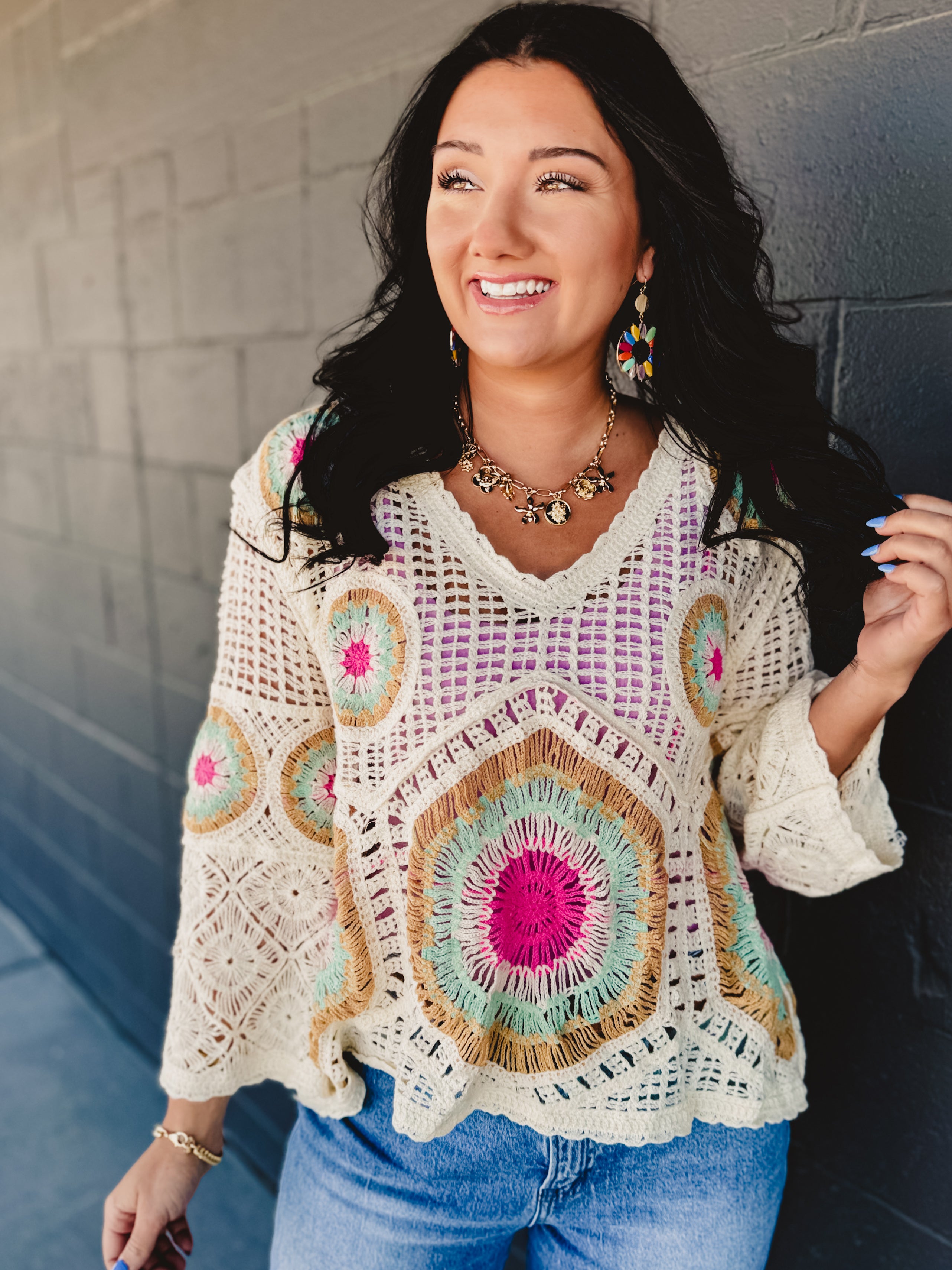POL Granny Circle Scalloped Edge Crochet Top - Cream/Sage - Lace and Grace Boutique