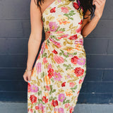 One Shoulder Asymmetrical Pleated Maxi Dress - Garden Multi - Lace and Grace Boutique